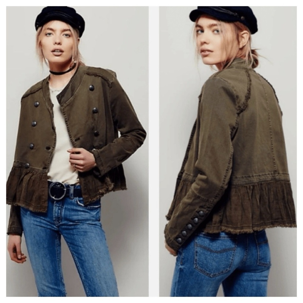 FREE PEOPLE Womens Olive Green Military Ruffle Hem Jacket Size S